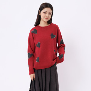 新款 显瘦针织毛衣小衫 韩版 爱心钉珠红色短款 女 时尚 芭依璐2025冬季