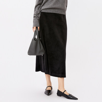 芭依璐半身裙女2025秋款新品显瘦高腰复古中长款丝绒百搭半身裙子