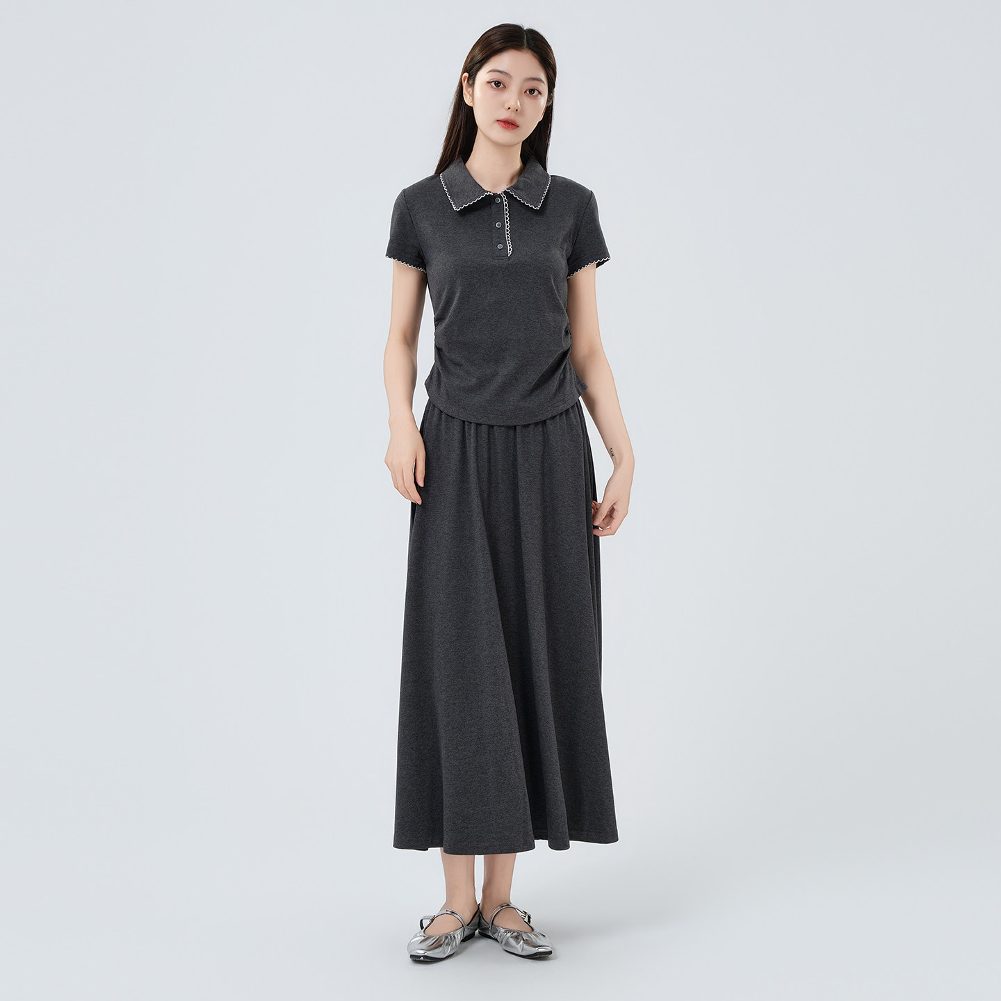 芭依璐韩系Polo领短袖+半身裙两件套女2026夏季新款显瘦遮肉套装