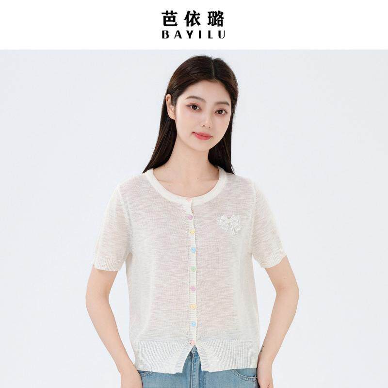 时尚圆领针织开衫百搭短袖T恤女
