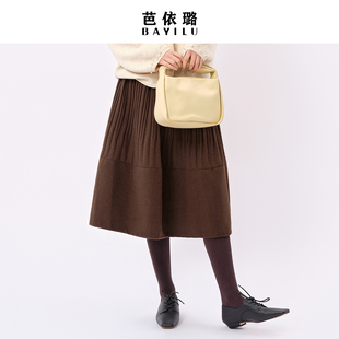 芭依璐2026新款加厚毛呢百褶半身裙女秋冬季高腰显瘦中长款