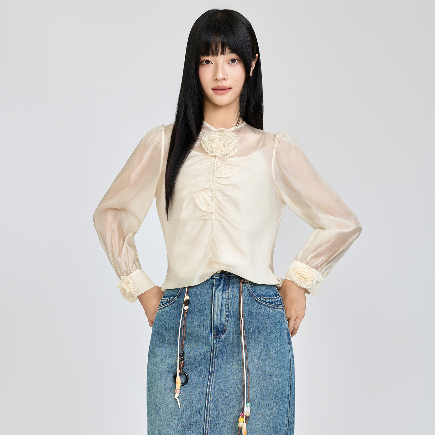 芭依璐2026秋装新款长袖衬衫女韩版圆领立体花朵上衣洋气褶皱衬衣