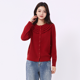 芭依璐毛衣温柔风多层花边低圆领针织开衫2026春季百搭减龄打底衫