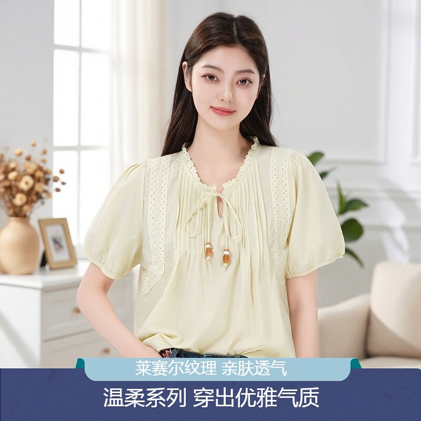 柔风袖薄款莱赛系带短袖圆领泡泡