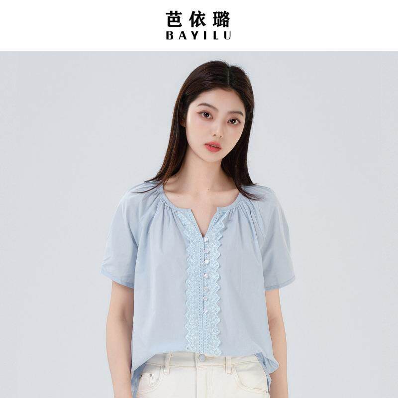 蓝色衬衫法式衬衣短袖蕾丝装饰