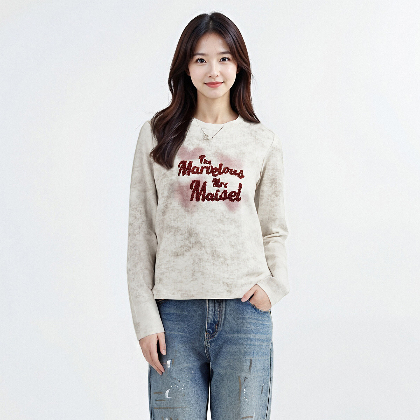 芭依璐春季新款T恤上衣刺绣字母圆领长袖t恤修身显瘦正肩上衣女