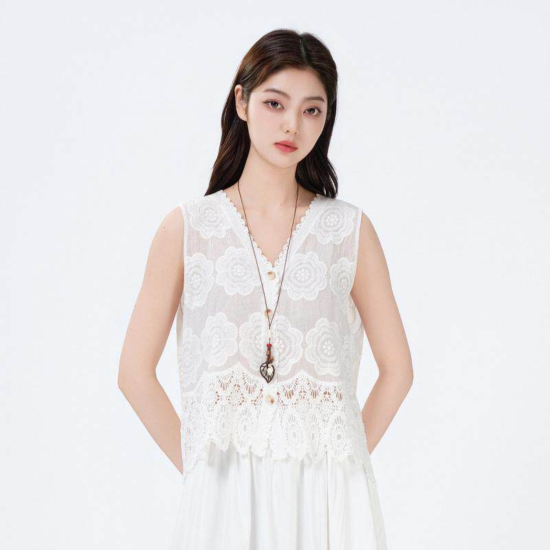 芭依璐2026夏季新款雪纺衫时尚蕾丝钩花镂空单排扣短款小衫女装