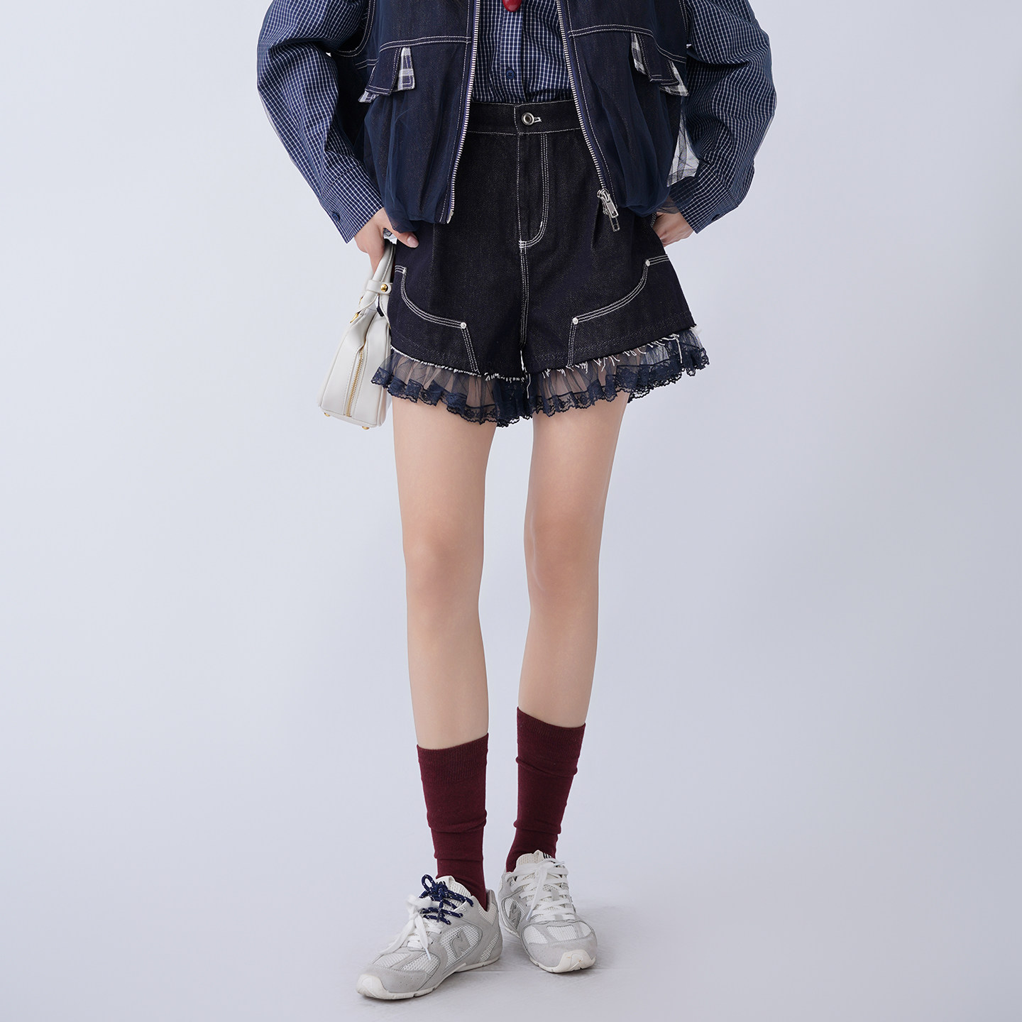 芭依璐2026春装新款牛仔短裤百搭休闲花边设计宽松显瘦高腰小个子