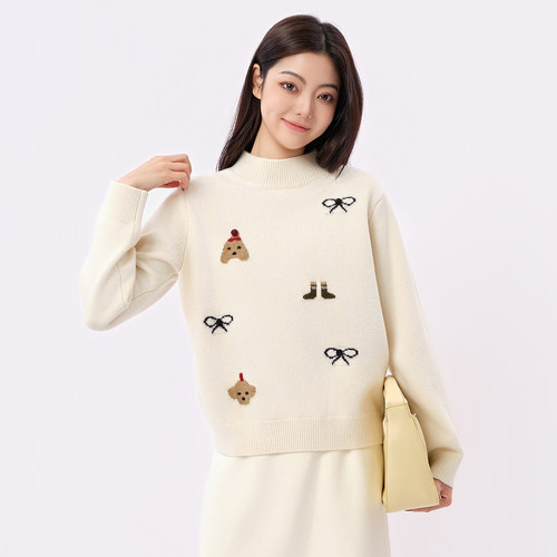 芭依璐2025秋冬新款毛衣卡通印花套头针织衫甜美减龄半高领上衣女