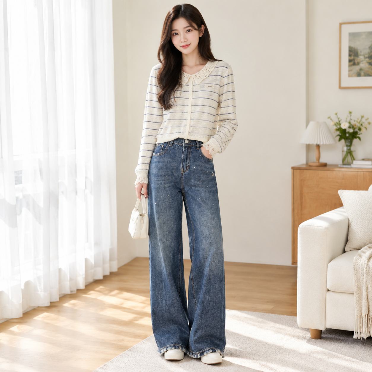 重工烫钻阔腿牛仔裤女百搭直筒图片