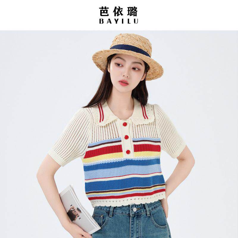 夏季新款翻领镂空彩虹条纹针织衫