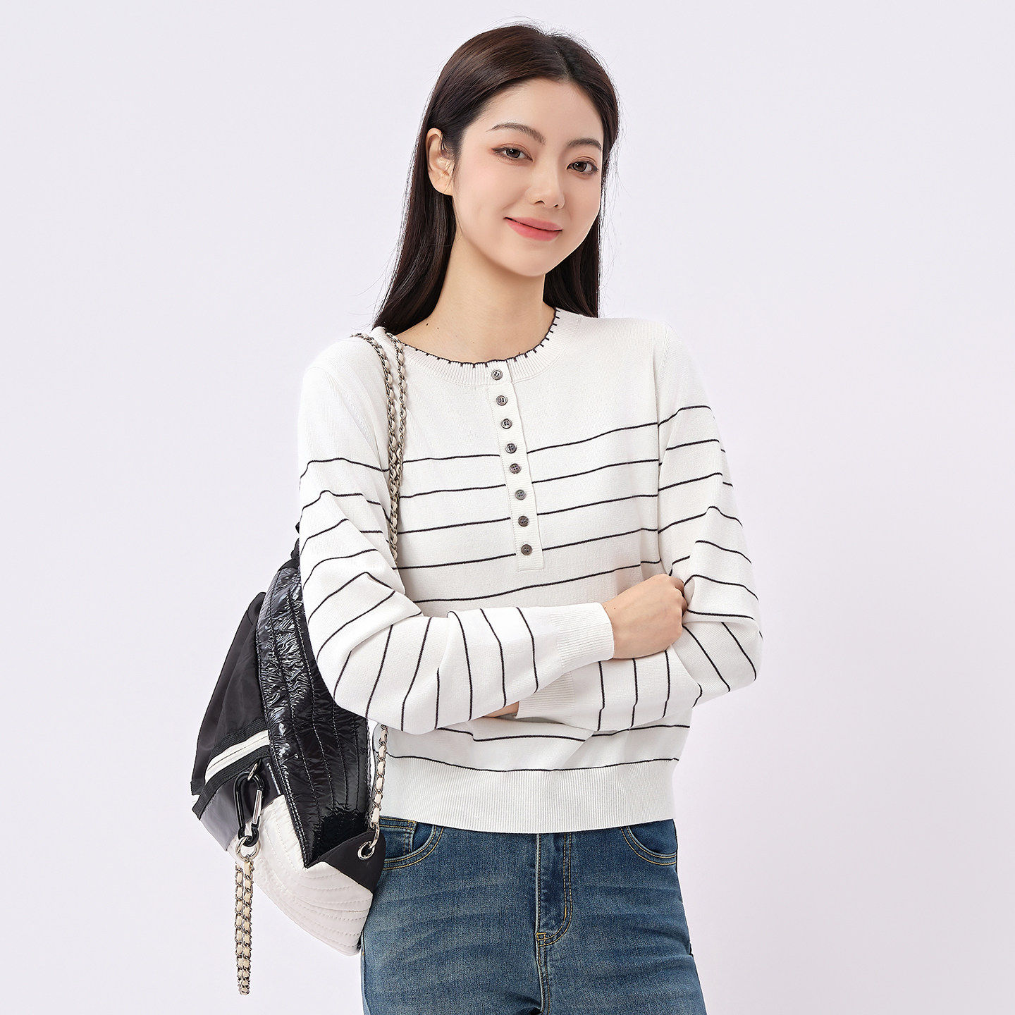 芭依璐2026春季新款毛衣韩版显瘦减龄上衣软糯针织衫条纹打底衫女
