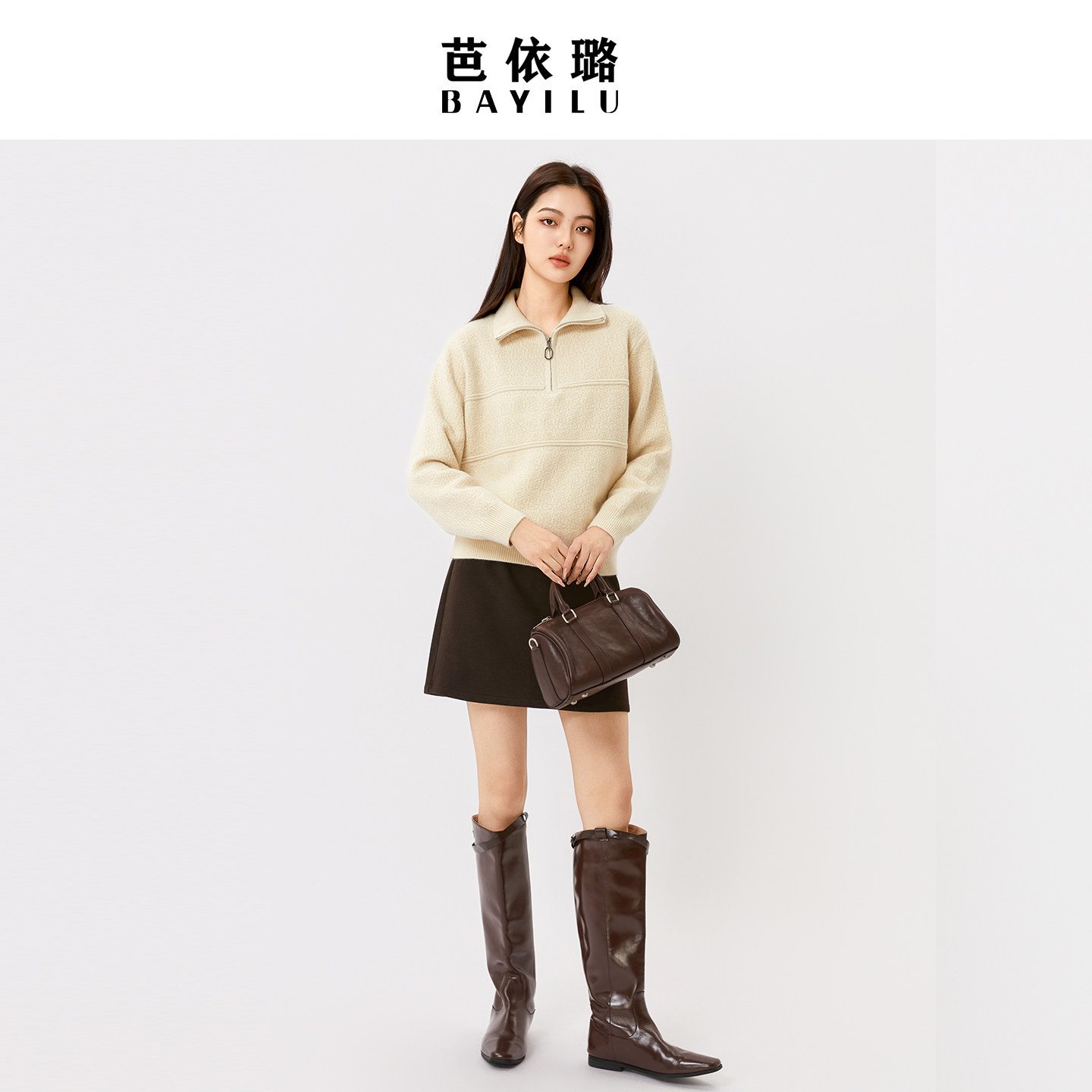 芭依璐2026春季新款毛衣针织衫女宽松休闲半拉链针织长袖开衫上衣