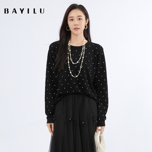 上衣黑色针织衫 套头百搭休闲打底衫 秋冬毛衣长袖 芭依璐202新款