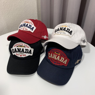复古酒红色百搭棒球帽男Canada英文刺绣贴布鸭舌帽子女 美式 四季 款
