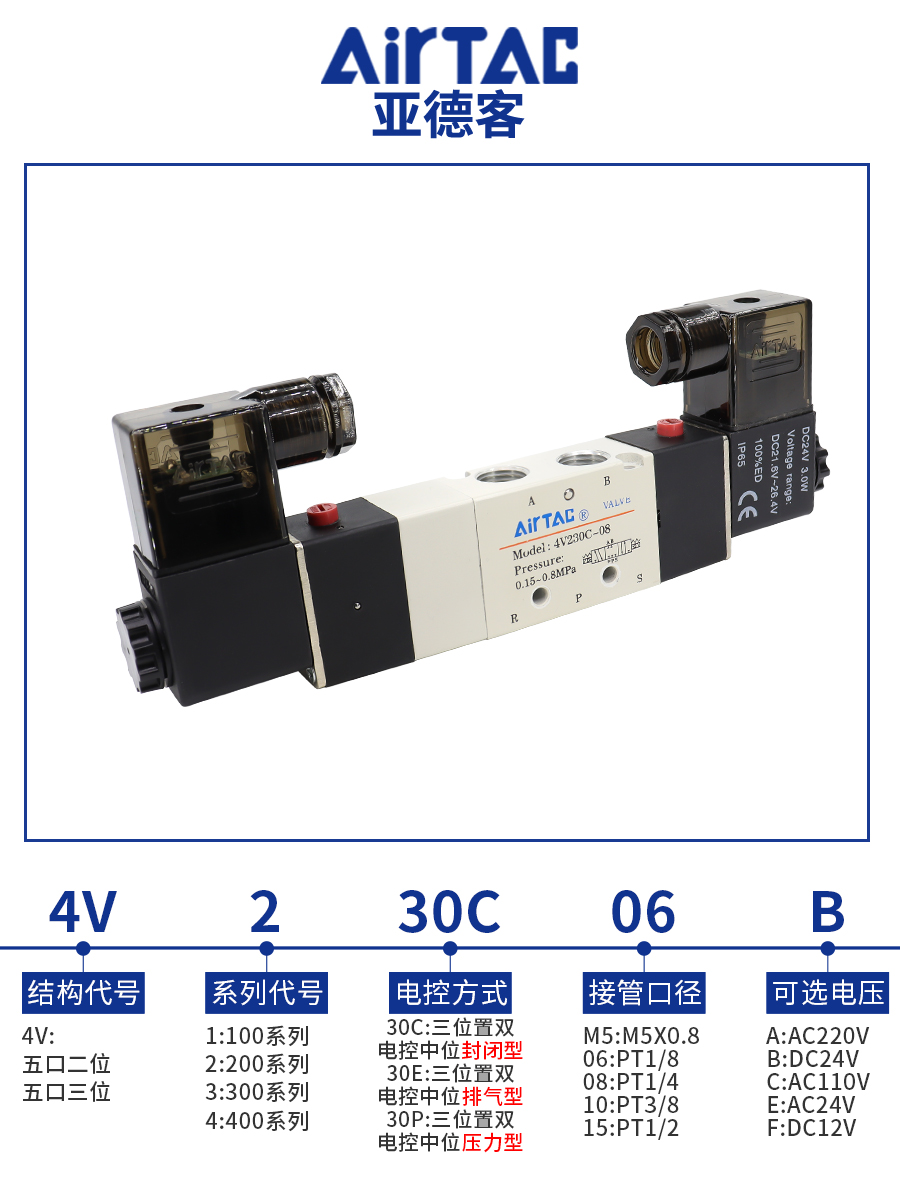 亚德客电磁阀4V23008换向气阀4V230C 4V230E 4V230P0806 dc24v 标准件/零部件/工业耗材 其他气动元件 原图主图