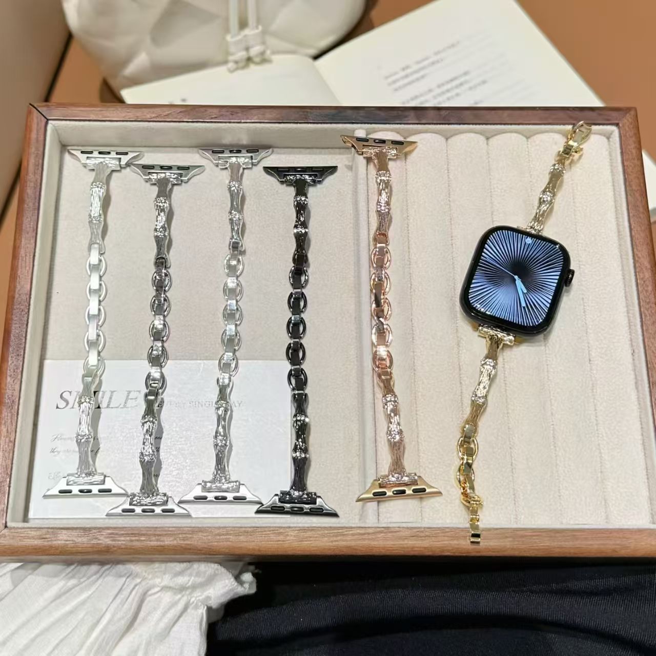 适用苹果华为镶钻竹节手镯链表带