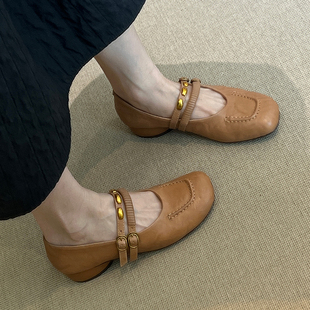 牛皮版~双扣带玛丽珍小皮鞋2025新款复古风方头粗跟浅口单鞋女款