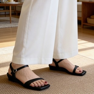 女气质方头低跟真皮罗马鞋 羊皮版 极简风一字带坡跟凉鞋 时尚 法式
