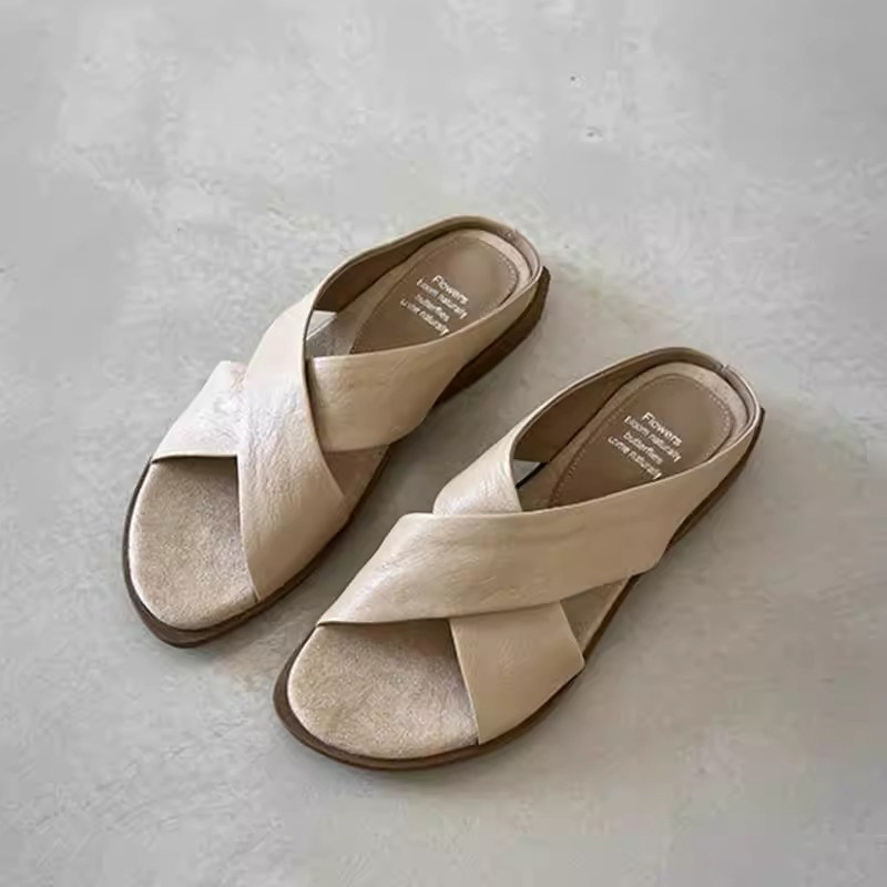 羊皮版~2025夏季时尚百搭气质风优雅交叉带舒适懒人露趾凉拖鞋女,女鞋,一字拖,淘宝优惠券,粉丝福利购,淘宝优惠卷