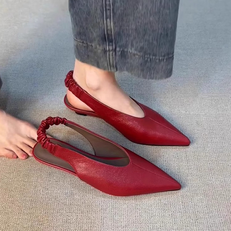 羊皮版~极简赫本风红色坡跟单鞋女夏季通勤后绊带凉鞋尖头高跟鞋