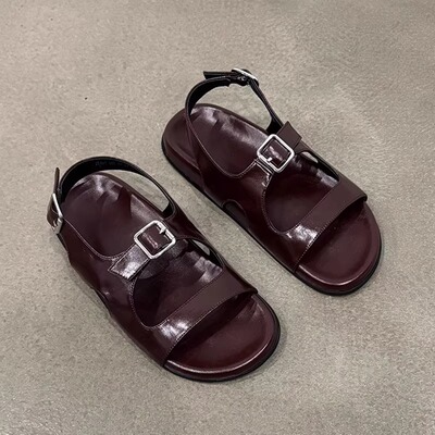 羊皮版~复古勃肯皮带扣勃肯鞋露趾一字凉拖鞋2025夏季外穿罗马鞋