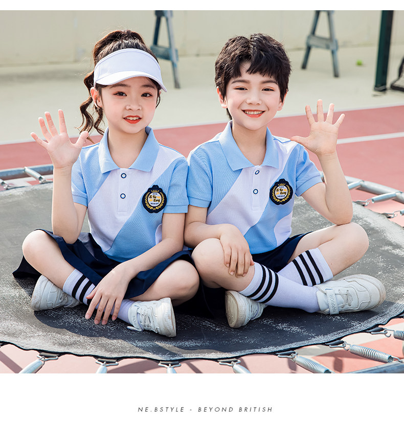 夏季新款天蓝白绿色大条纹拼接幼儿园园服小学生校服班服儿童套装