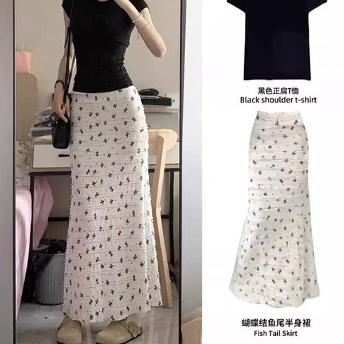 法式蝴蝶结碎花鱼尾半身裙女2025新款夏季高腰a字中长款包臀裙子