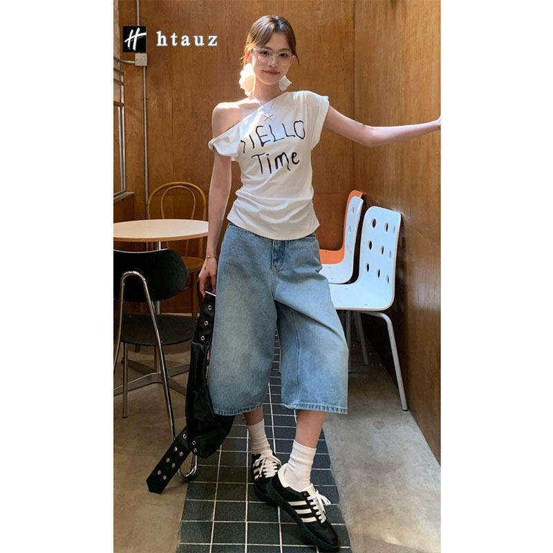 美式覆古夏季七分牛仔短裤女2025新款高腰宽松显瘦薄款阔腿五分裤