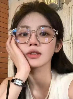 千金小姐缪家同款高品质银丝猫眼眼睛方框金属字母防蓝光近视眼镜