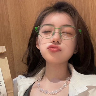 个性 潮流可配近视平光 复古绿框金属眼镜框菱形脸猫眼豹纹镜架时尚