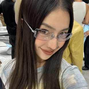 复古方形无边框金属水银色Y2K太阳镜辣妹墨镜高级感凹造型街拍女