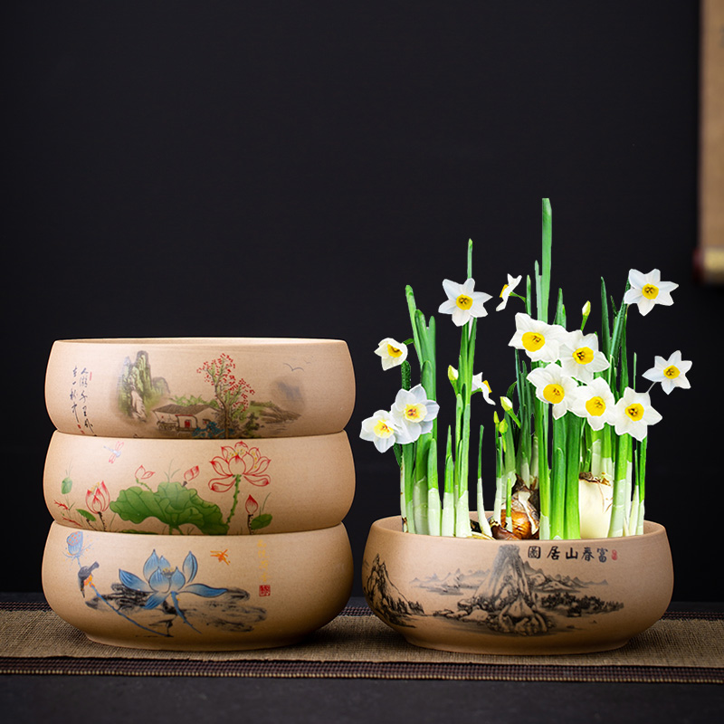 粗陶水培花盆水仙花铜钱草专用