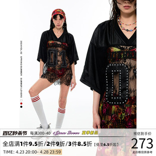 1JINN STUDIO美式 复古镂空微透蕾丝宽松球服oversize辣妹休闲上衣