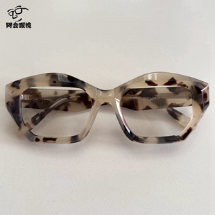 欧美复古风黑色粗框厚重眼镜架钻石切面多边形豹纹板材眼镜配度数