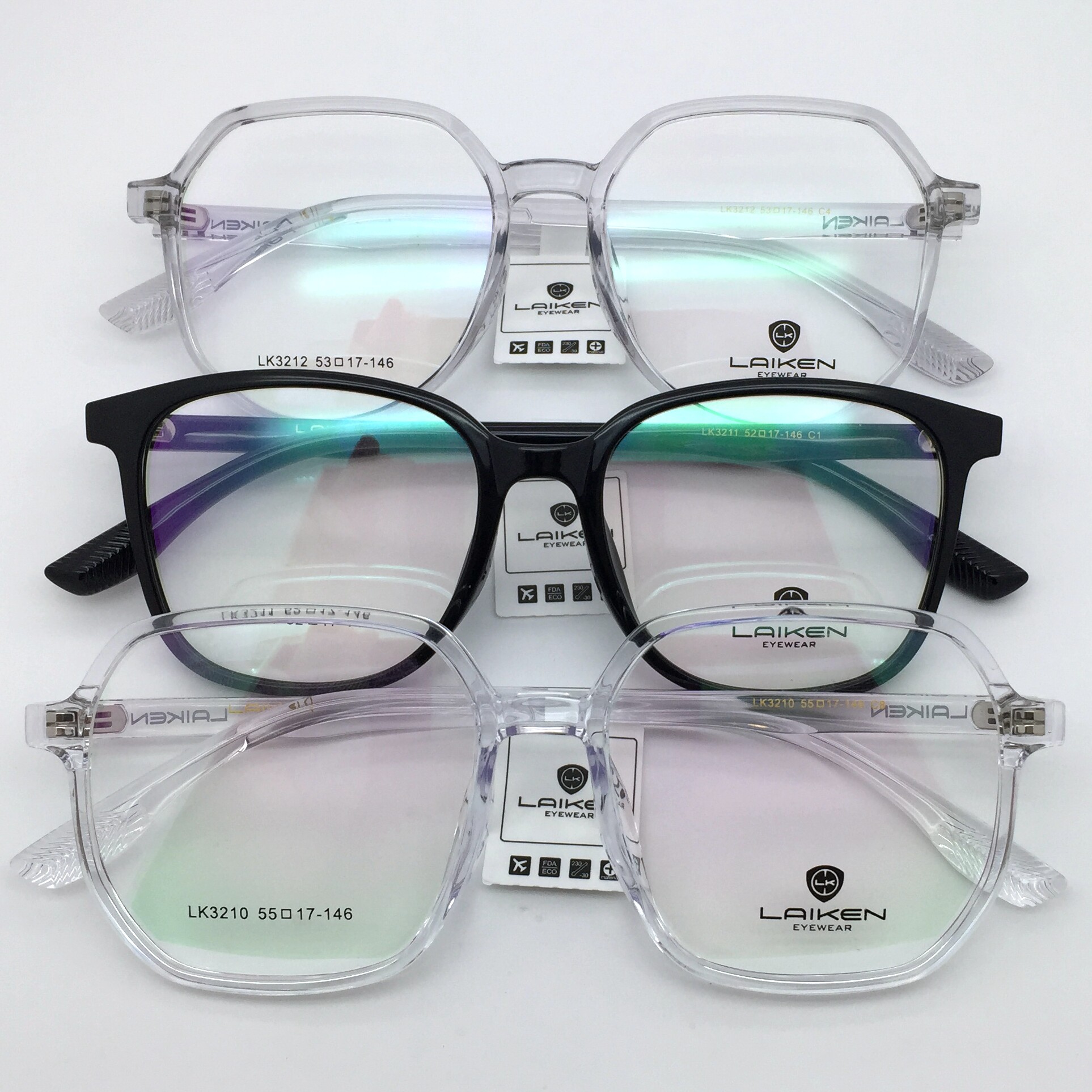 laiken莱肯眼镜架透明黑色多边形大框近视眼镜女lk3210/3211/3212