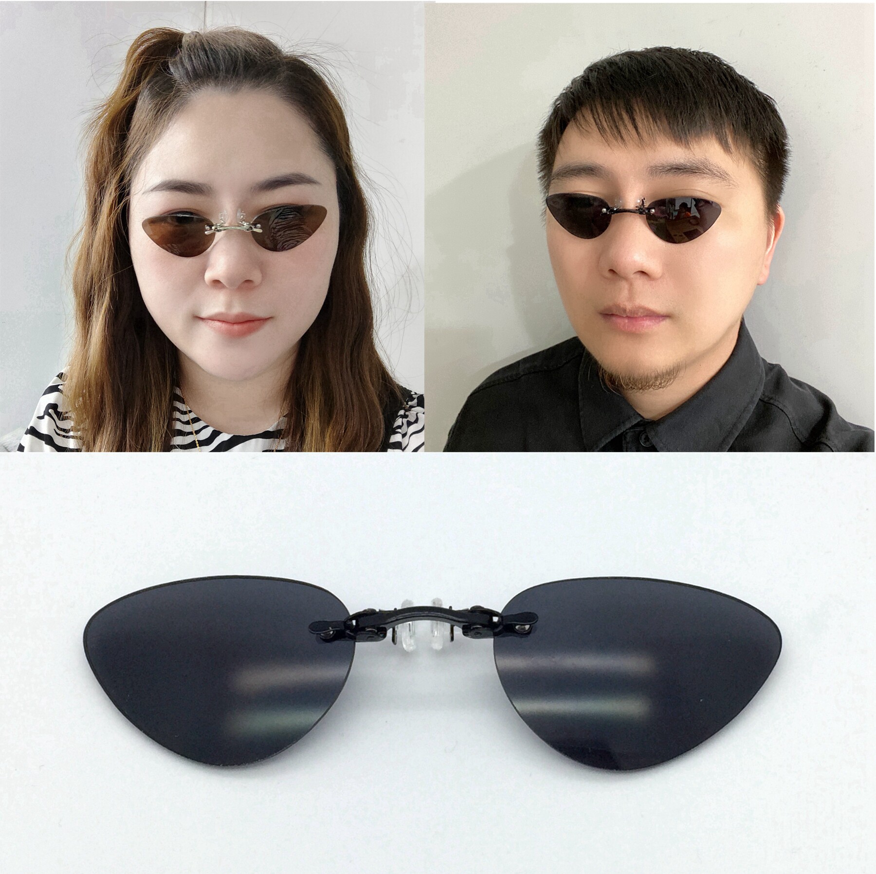 个性搞怪夹鼻式太阳镜黑客帝国无腿夹片墨镜男倒三角蝶形小眼镜女
