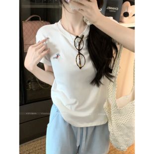 纯棉上衣 YYCN卡通刺绣短袖 t恤女2025夏季 新款 宽松百搭圆领半袖