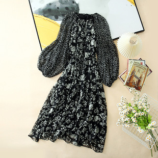 春夏新款100%桑蚕丝中长裙女欧洲站卡米兰气质撞色印花真丝连衣裙