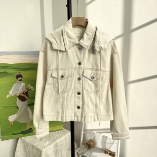 时髦气质米色连帽牛仔外套女宽松牛仔衣 经典 高品 极简篙级感