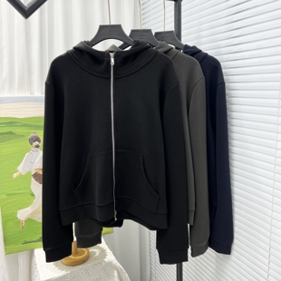 美式慵懒chic藏青色连帽卫衣外套女早春流行穿搭休闲百搭拉链帽衫