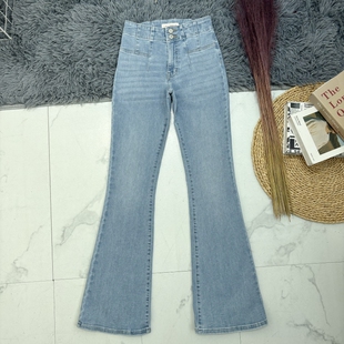 洋气巨清爽浅蓝色！高腰显瘦 L家复古修身弹力喇叭裤牛仔裤拖地裤