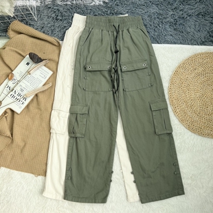 拖地裤 F家外贸女装 女休闲宽松阔腿裤 裤 军绿色白色松紧腰多袋工装