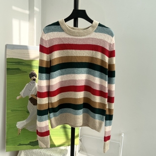 宽松针织上衣春款 美式 女圆领长袖 G家彩虹条纹针织衫 复古怀旧风