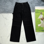 复古高腰弹力多口袋宽松阔腿牛仔长裤 裤 女 ～明线系列工装 美式