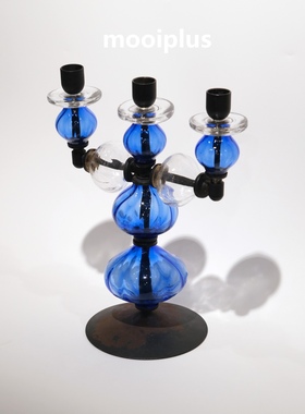 瑞典/中古｜Boda Erik Hoglund 蓝色玻璃铸铁烛台 / mooiplus