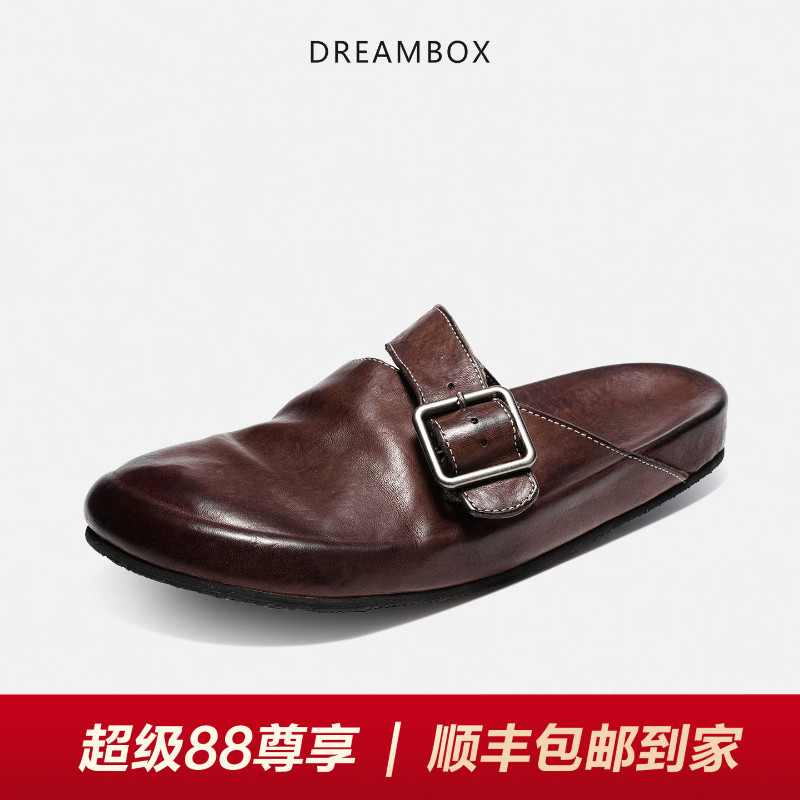 DREAMBOX钧博水洗马皮透气勃肯鞋夏季新款懒人一脚蹬包头拖凉鞋