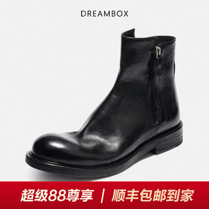 DREAMBOX钧博石洗马皮男靴侧拉链高帮皮靴秋冬新款英伦风切尔西靴