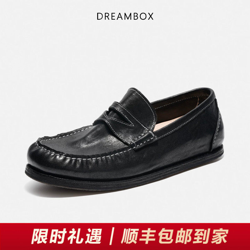 DREAMBOX钧博石洗马皮透气舒适乐福鞋男2026春夏新款一脚蹬懒人鞋