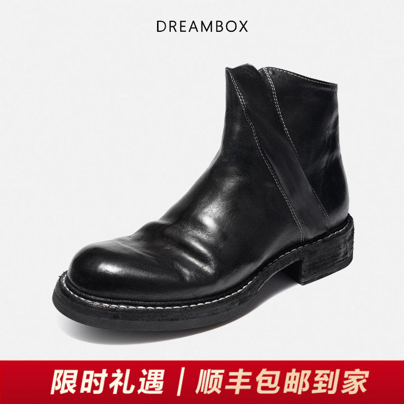 DREAMBOX钧博水洗马皮手工固特异男靴秋冬新款侧拉链英伦复古皮靴